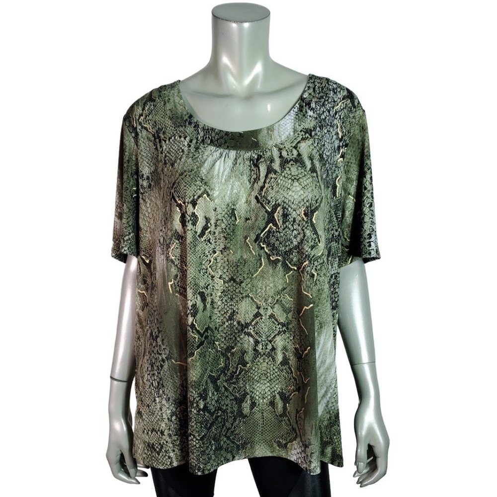 Alia Top Plus Size 2X Snake Print Stretch‎ Short Sleeve Pullover Casual Green